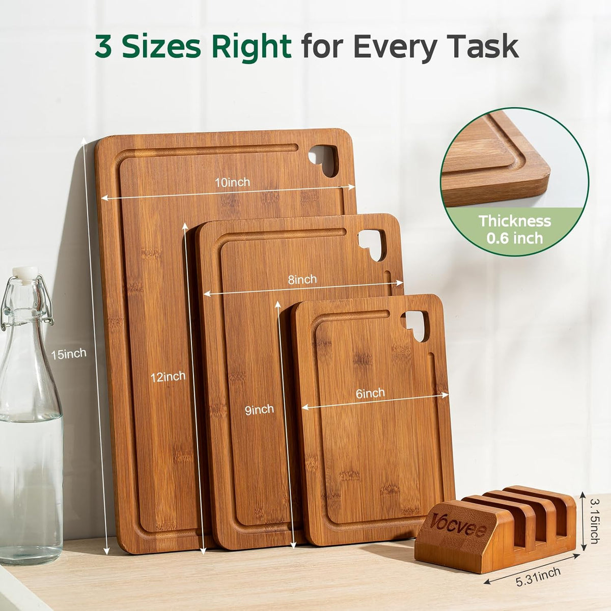 Bamboo Cutting Boards for Kitchen(Set of 3), Wood Cutting Board with Wood Storage Stand, Charcuterie & Chopping Board for Vegetables and Meat, with Deep Juice Groove, Ideal Kitchen Gifts