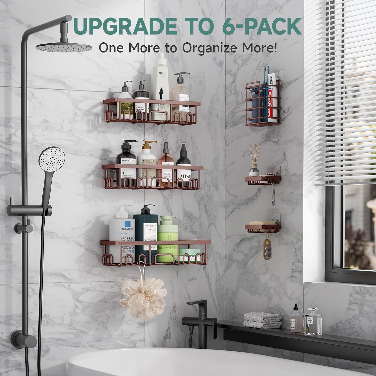Shower Caddy 6-Pack, No Drilling & Rustproof, Waterproof Adhesive Shelves Rack with Soap Holder, Large Capacity Bathroom Organizers and Storage, Wall-Mounted Kitchen & Home Decor