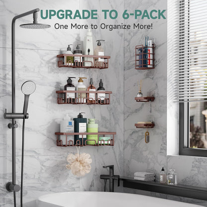 Shower Caddy 6-Pack, No Drilling & Rustproof, Waterproof Adhesive Shelves Rack with Soap Holder, Large Capacity Bathroom Organizers and Storage, Wall-Mounted Kitchen & Home Decor