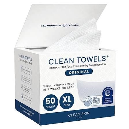 Clean Towels XL®, 100% USDA Biobased Face Towel, Disposable Face Towelette, Eczema Association Accepted, Makeup Remover Dry Wipes, Ultra Soft, 1 Pack, 50 Ct